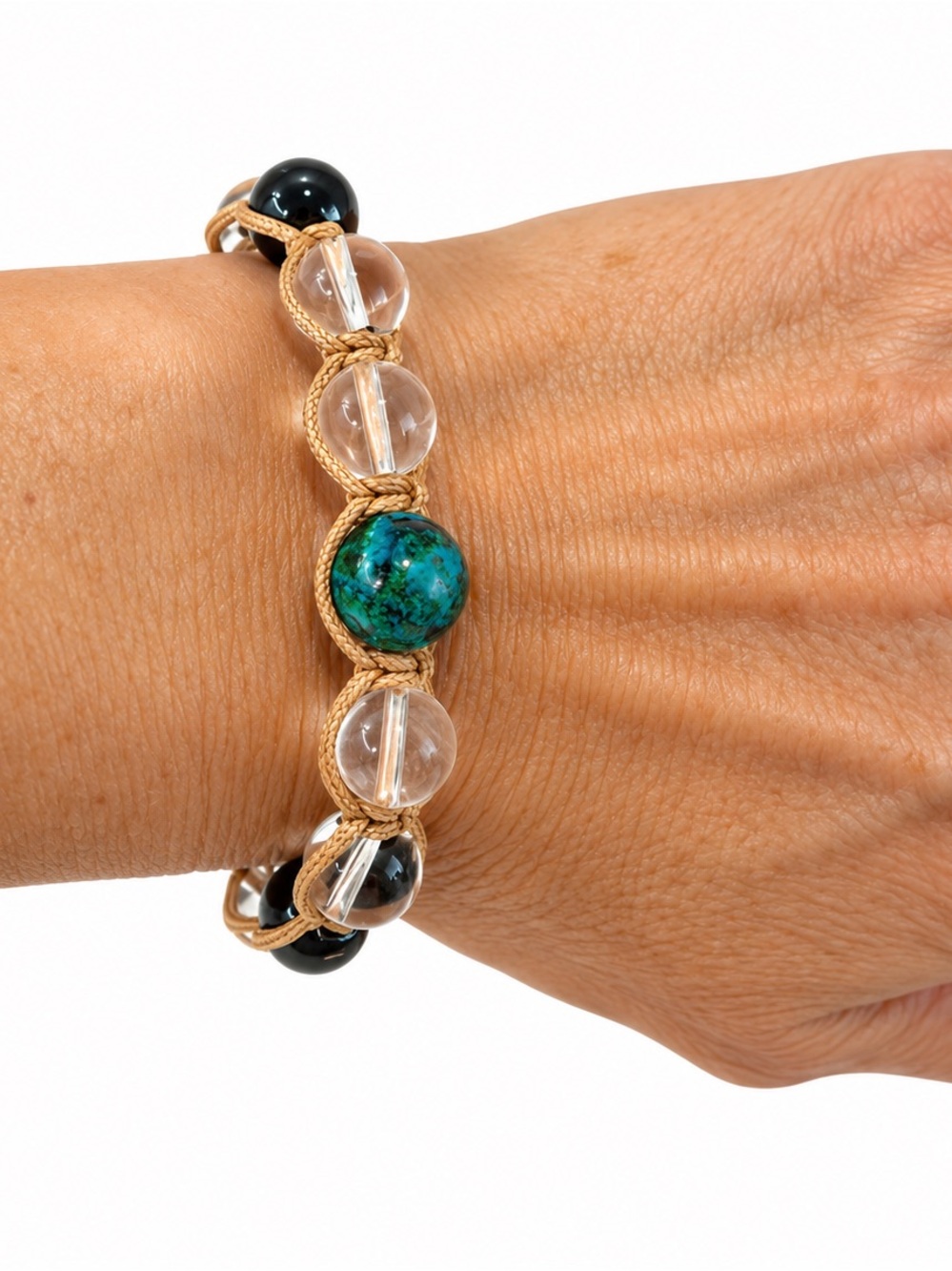 Handmade Macrame Bracelet with Turquoise, Smokey quartz, and Clear Crystal Beads